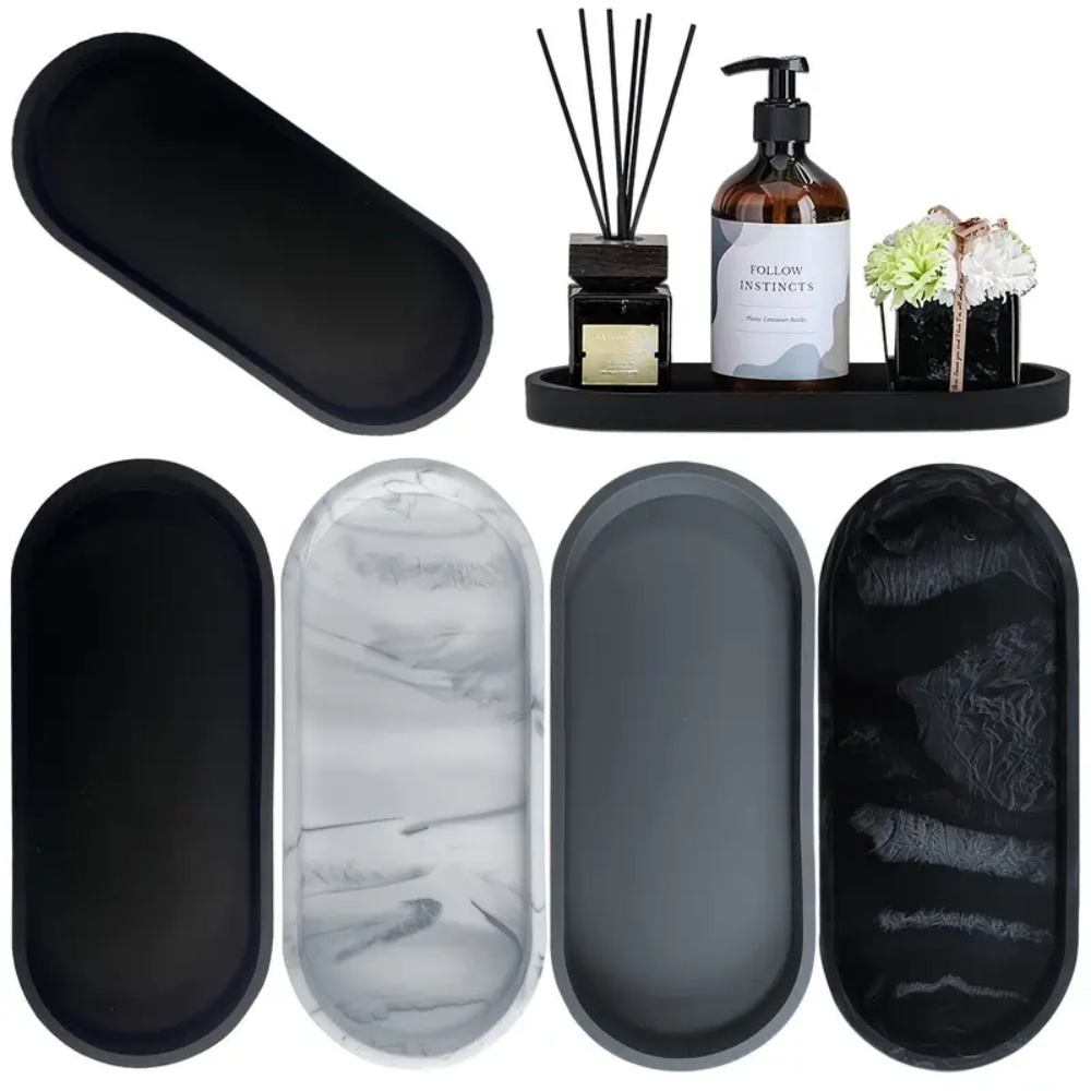 Home Essentials Bathroom Storage - 1個入りバスルーム用シリコントレイ、長方形の食器用洗剤とスポンジホルダー、化粧台用香水オーガナイザー、メイクアップリング収納トレイ、家庭用品、ホームデコレーション、ホーム家具