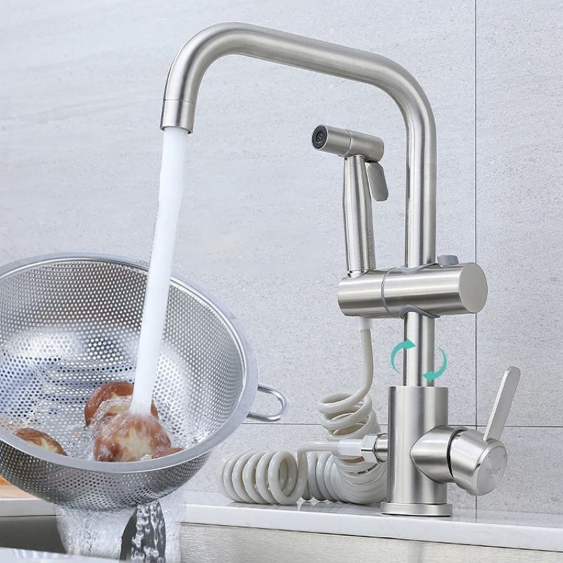 Basin Mixer Tap - ステンレス製キッチン水栓セット 360度回転式洗面台シンクタップ ビデ噴霧ノズル付き 2機能 デッキマウント 温冷混合水栓