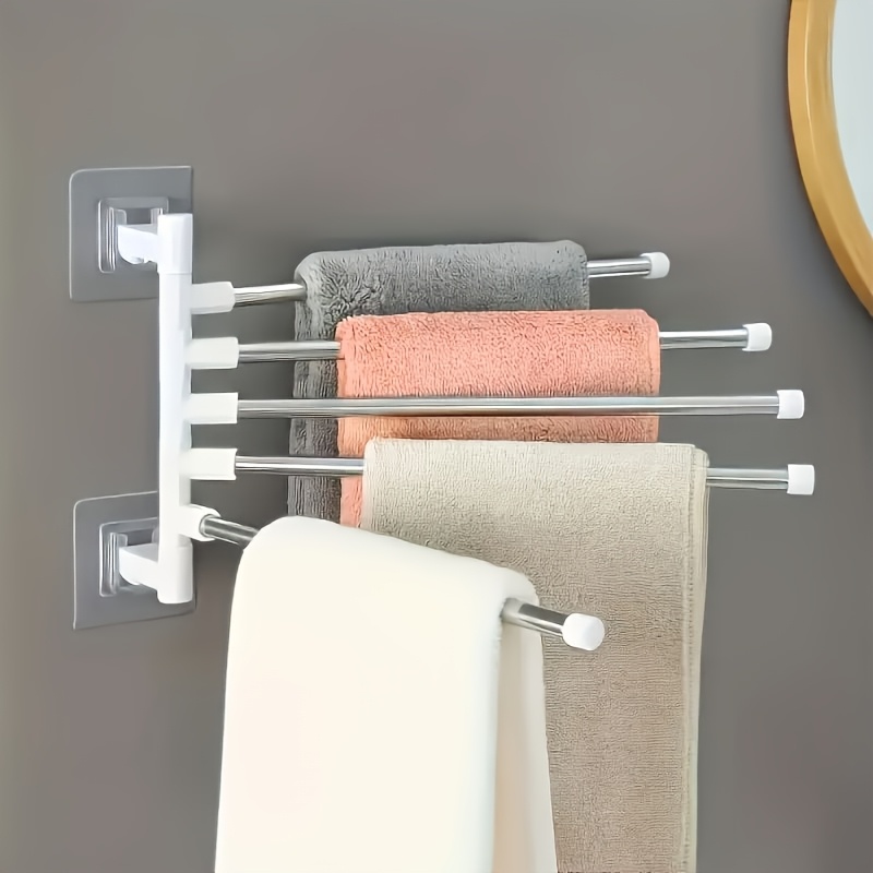 Home Essentials Bathroom Storage - モダンなミニマリストフローティングタオルラック（回転式ロッド付き）- 3/4/5段、ドリル不要の金属製収納ラック、バスルーム＆家庭用品用