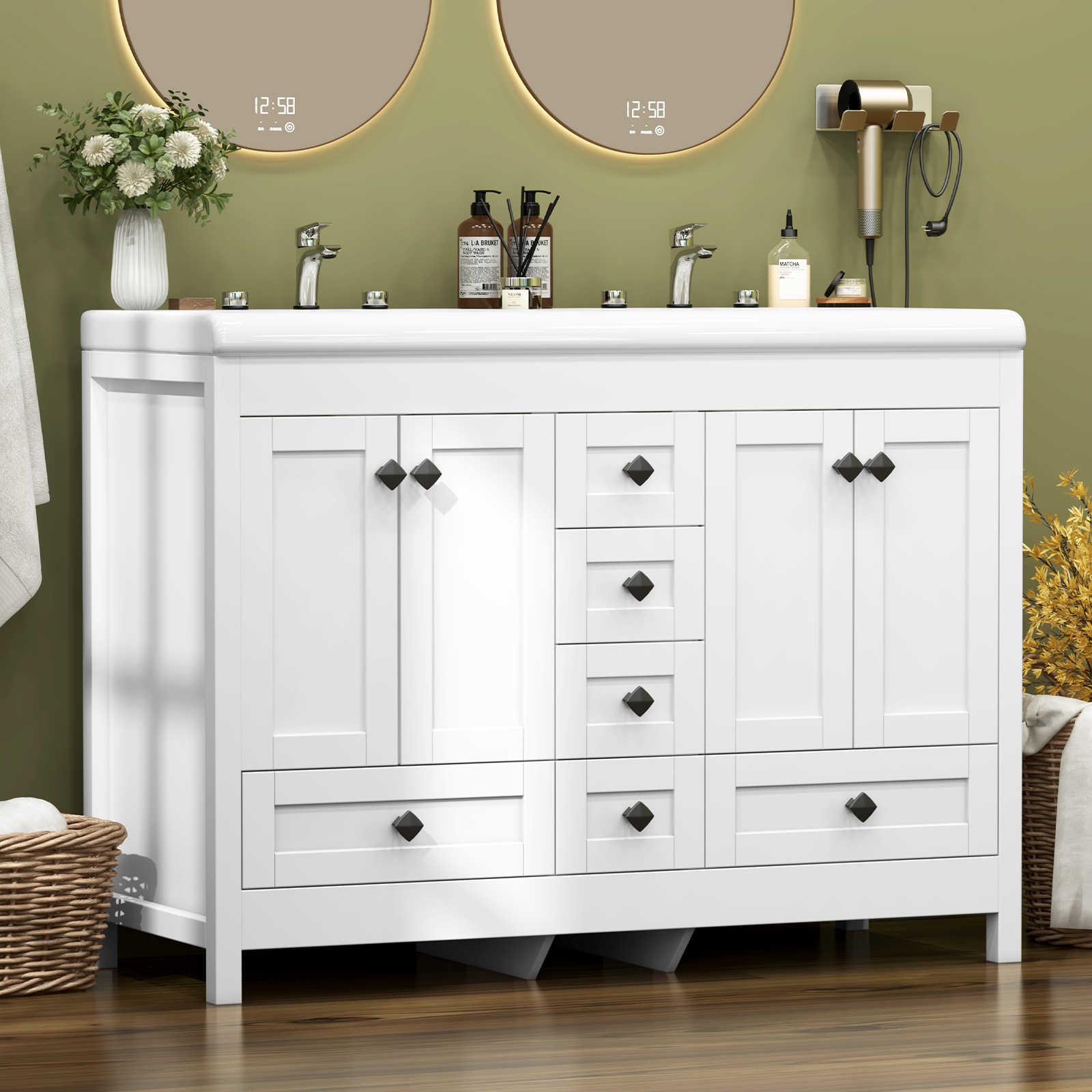 Home Bathroom Vanity Combo - 47.3インチの白い洗面台。セラミック製の二重シンクと、扉と引き出し付きの独立型キャビネット。モダンなデザインで、洗面台とシンクが一体になった収納キャビネット。