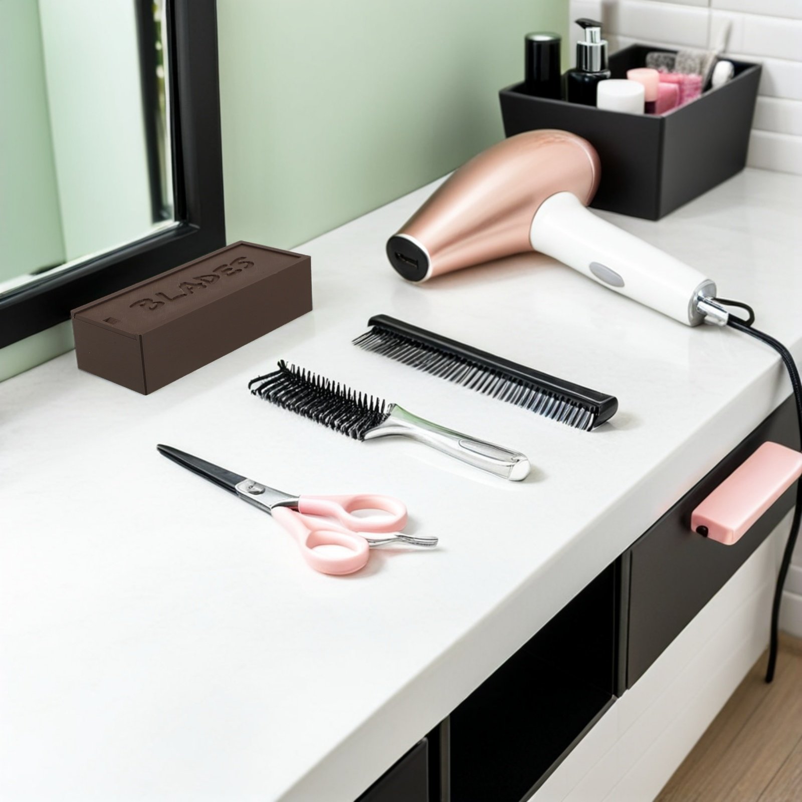 Home Bathroom Organizer - バリカン用替刃収納ケース。2つの仕切り付きで、理髪店や家庭、浴室での使用に最適。プラスチック製。